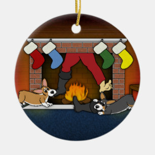 Funny Christmas Fireplace Corgis Ornament