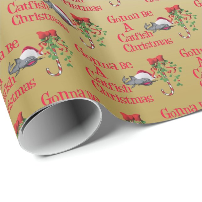 Funny Christmas Fishing ♫♥  Catfish Christmas Gold Wrapping Paper (Roll Corner)
