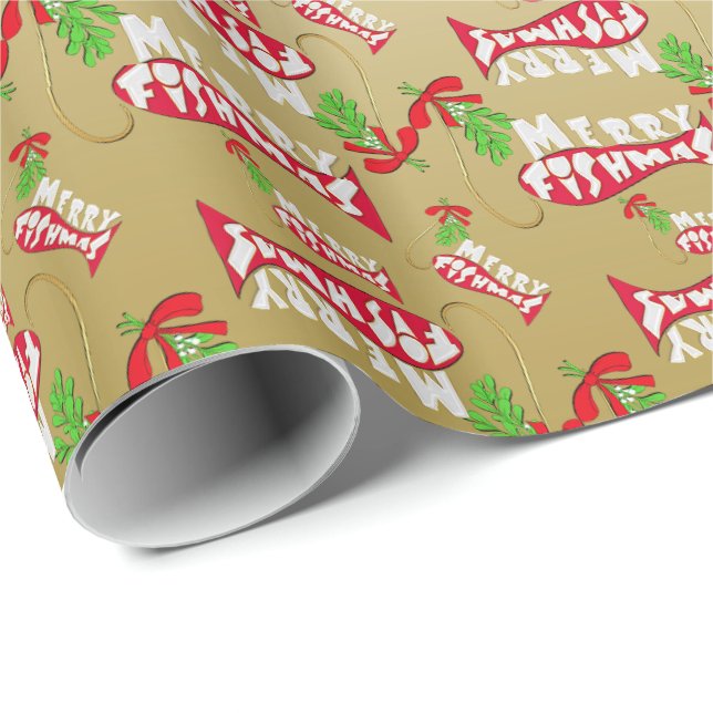 ♫♥ Funny Christmas Fishing Merry Fishmas Gold Wrapping Paper (Roll Corner)