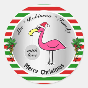 Funny Christmas Flamingo Red and Green Cute Humour Classic Round Sticker