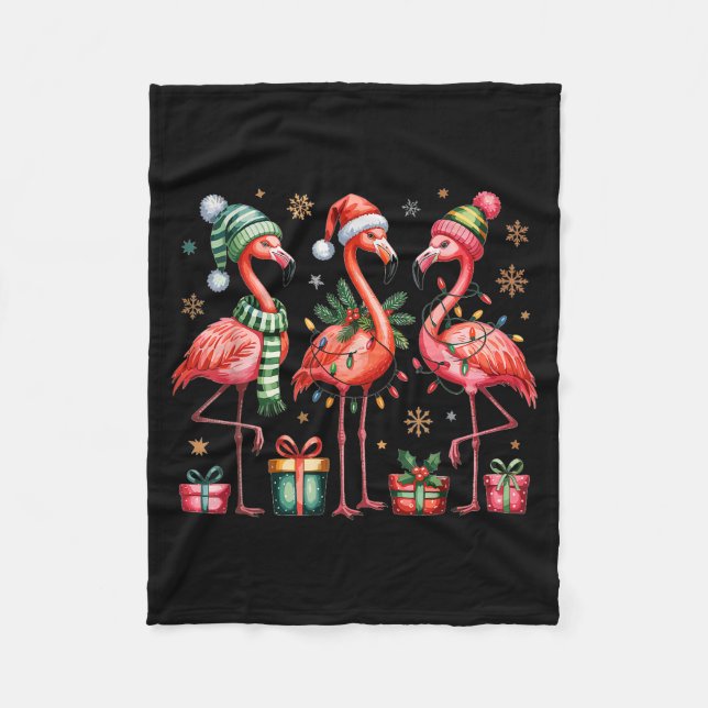 Funny Christmas Flamingos  Fleece Blanket (Front)