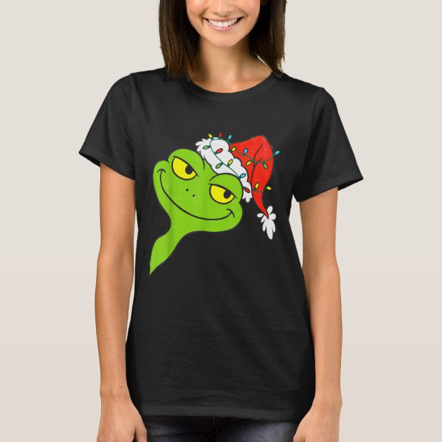 Funny Christmas Frog Wearing Santa Hat And Lights  T-Shirt (Front)