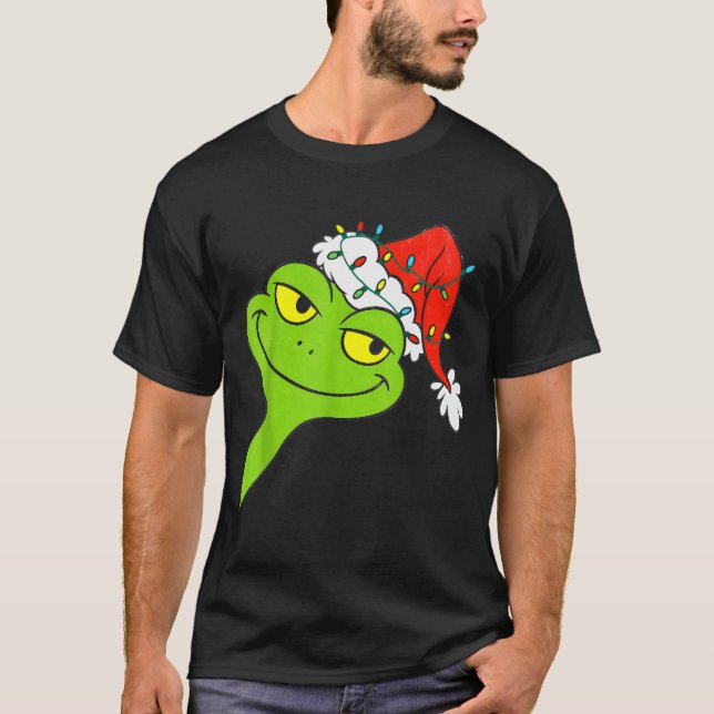 Funny Christmas Frog Wearing Santa Hat And Lights  T-Shirt (Front)
