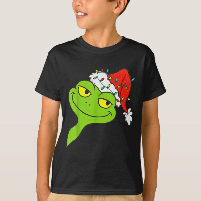 Funny Christmas Frog Wearing Santa Hat And Lights  T-Shirt (Front)