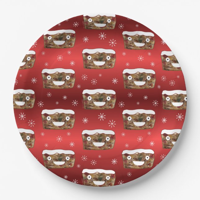 Funny Christmas Fruitcake Pattern Red Paper Plate (Front)