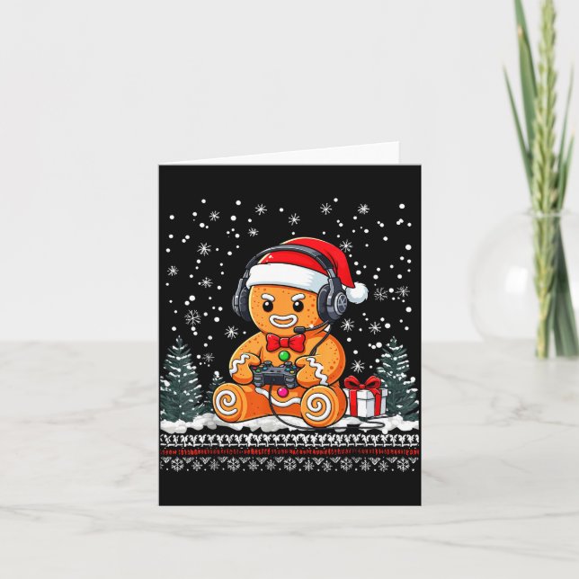 Funny Christmas Gamer Gingerbread Xmas Gaming Men  Card (Front)