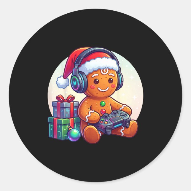Funny Christmas Gamer Gingerbread Xmas Gaming Men  Classic Round Sticker (Front)