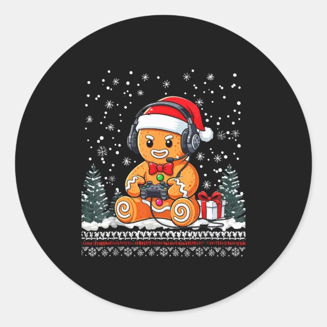 Funny Christmas Gamer Gingerbread Xmas Gaming Men  Classic Round Sticker (Front)