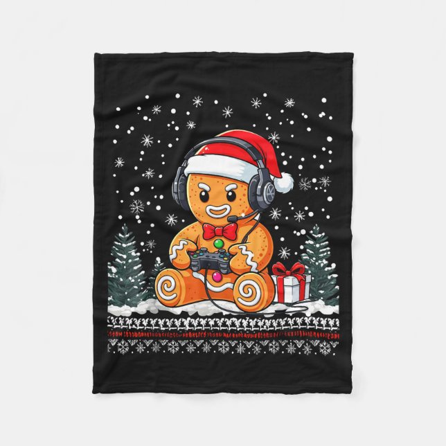 Funny Christmas Gamer Gingerbread Xmas Gaming Men  Fleece Blanket (Front)