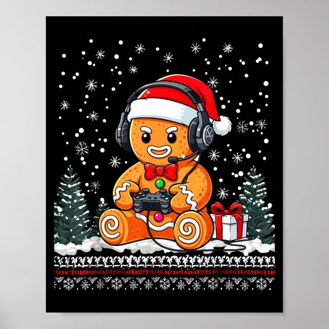 Funny Christmas Gamer Gingerbread Xmas Gaming Men  Poster (Front)