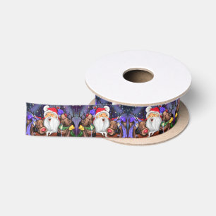 Funny Christmas Gift Ribbon Santa with Reindeers Satin Ribbon