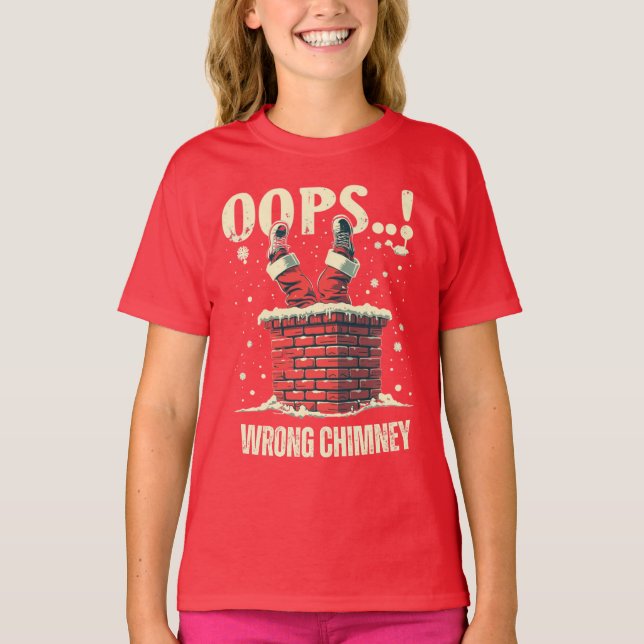 Funny Christmas gift, Santa Claus Stuck in Chimney T-Shirt (Front)