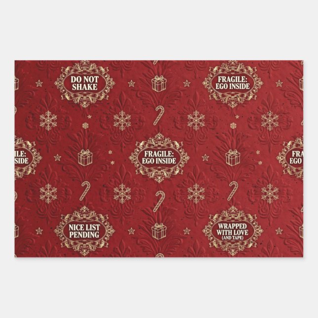 Funny Christmas Gift Wrap Sheets | Red One-Liners (Front)