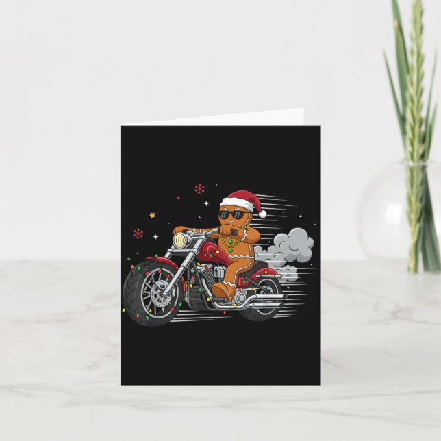 Funny Christmas Gingerbread Man Biker Riding A Mot Card (Front)