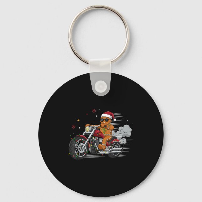Funny Christmas Gingerbread Man Biker Riding A Mot Key Ring (Front)