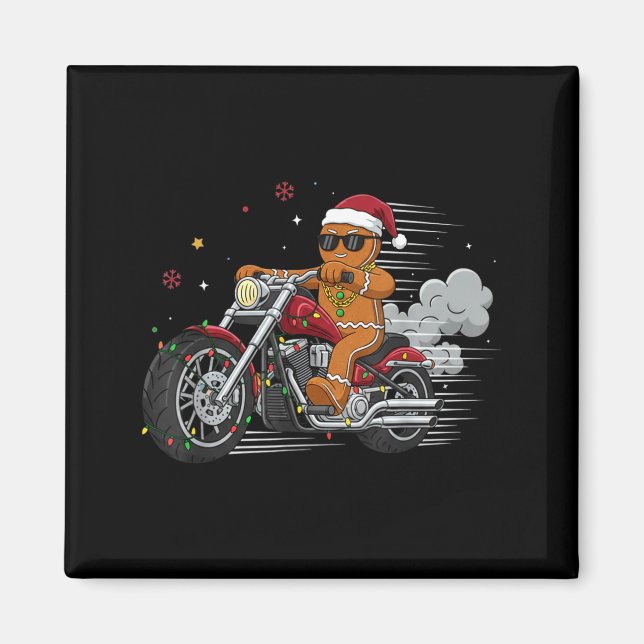 Funny Christmas Gingerbread Man Biker Riding A Mot Magnet (Front)