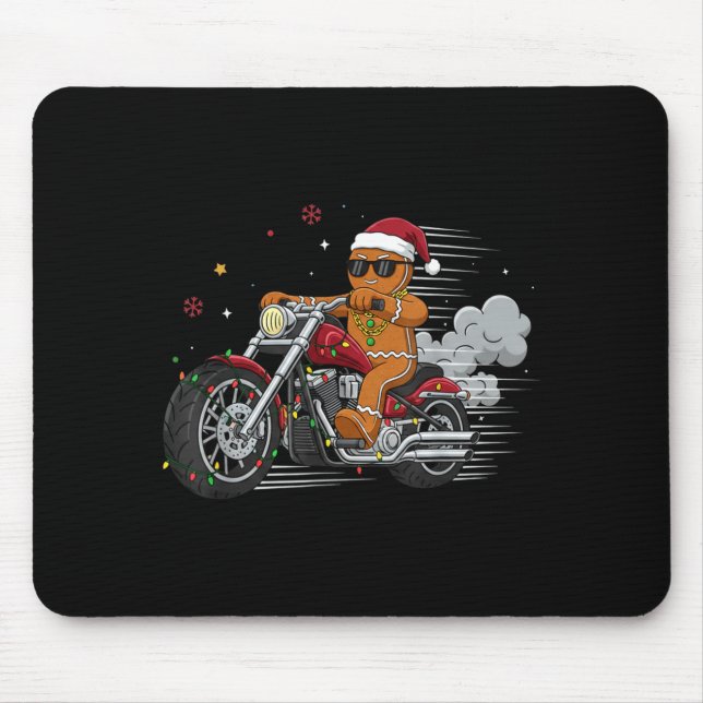 Funny Christmas Gingerbread Man Biker Riding A Mot Mouse Mat (Front)
