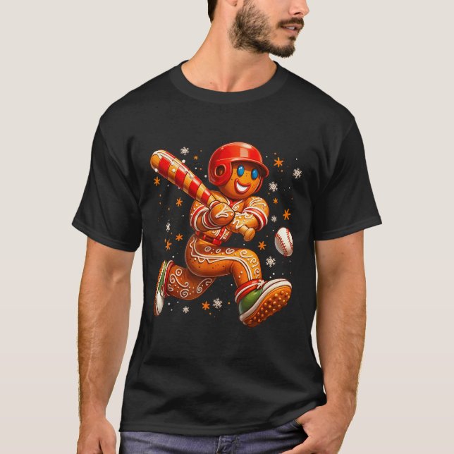 Funny Christmas Gingerbread Man Playing Baseball C T-Shirt (Front)