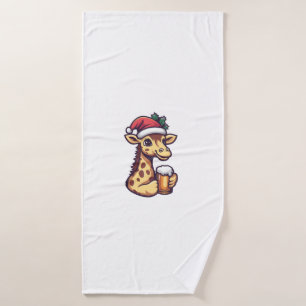 Funny Christmas Giraffe With Beer Comic   Bath Towel