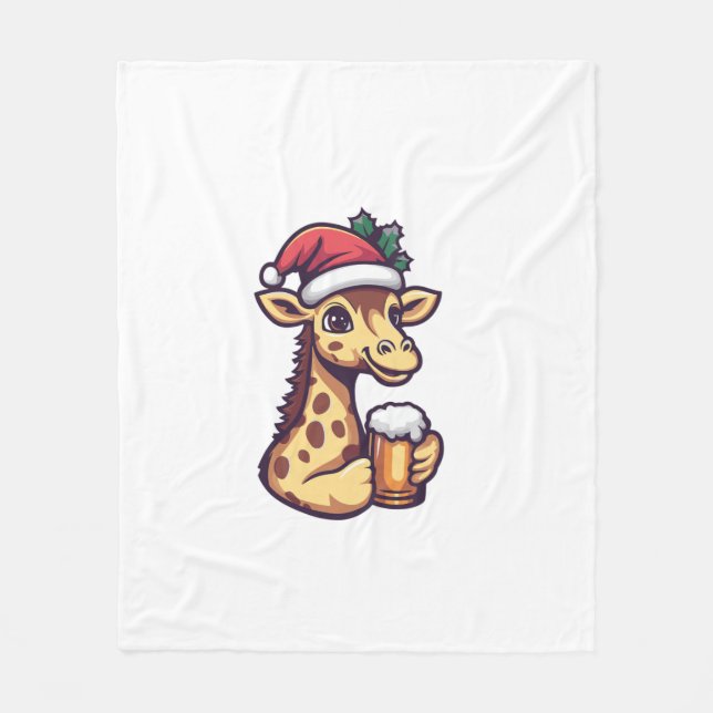 Funny Christmas Giraffe With Beer Comic   Fleece Blanket (Front)