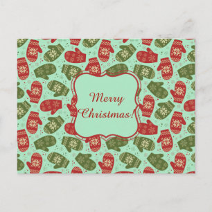 Funny Christmas Gloves and snowflakes green bg Holiday Postcard