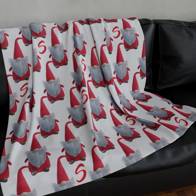 Funny Christmas Gnome Pattern Fleece Blanket (A cute Christmas gnome pattern with space for your initial. Perfect for festive snuggles)