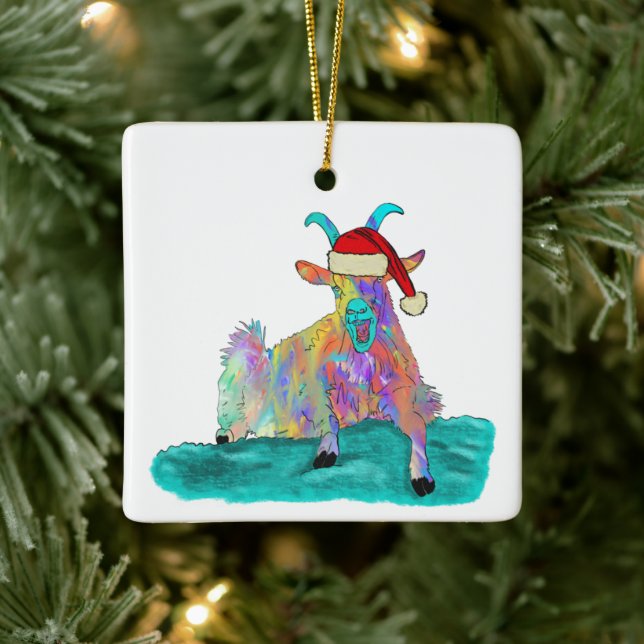 Funny Christmas Goat Colourful screaming Ceramic Ornament (Tree)