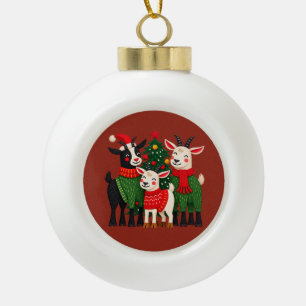 Funny Christmas Goats in Festive Sweaters Ceramic Ball Christmas Ornament