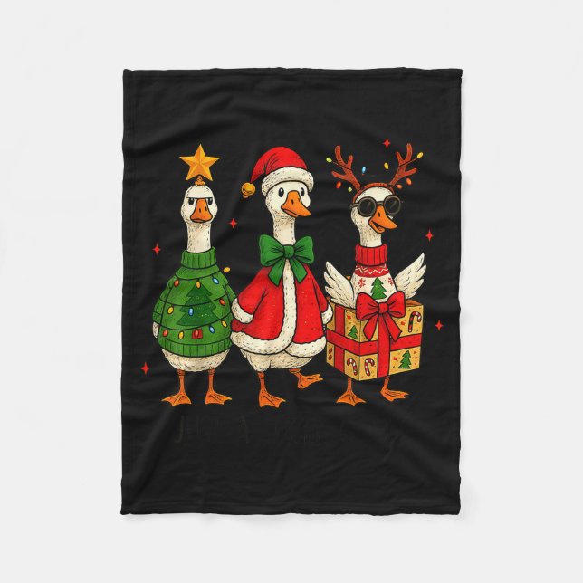 Funny Christmas Goose Jolly Geese Santa Reindeer X Fleece Blanket (Front)