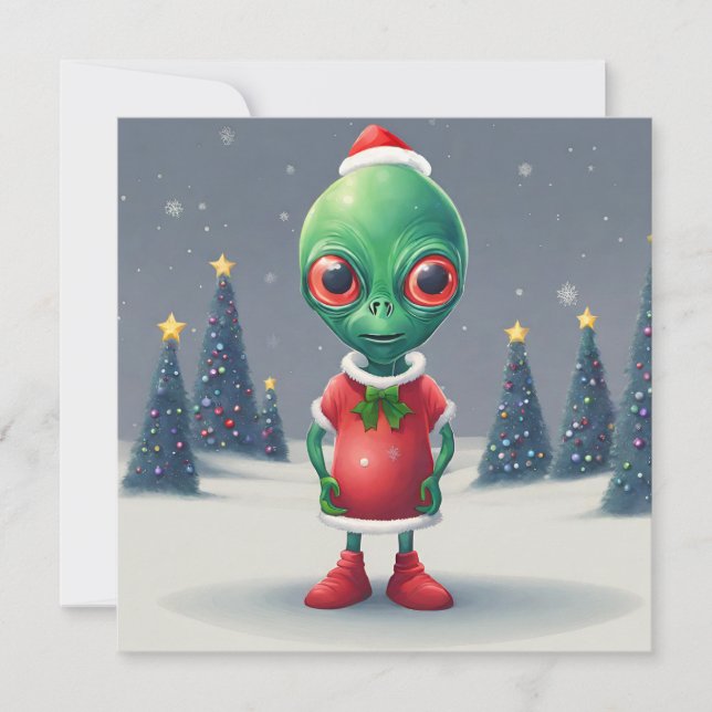 Funny Christmas Green Alien and Christmas Trees  Holiday Card (Front)