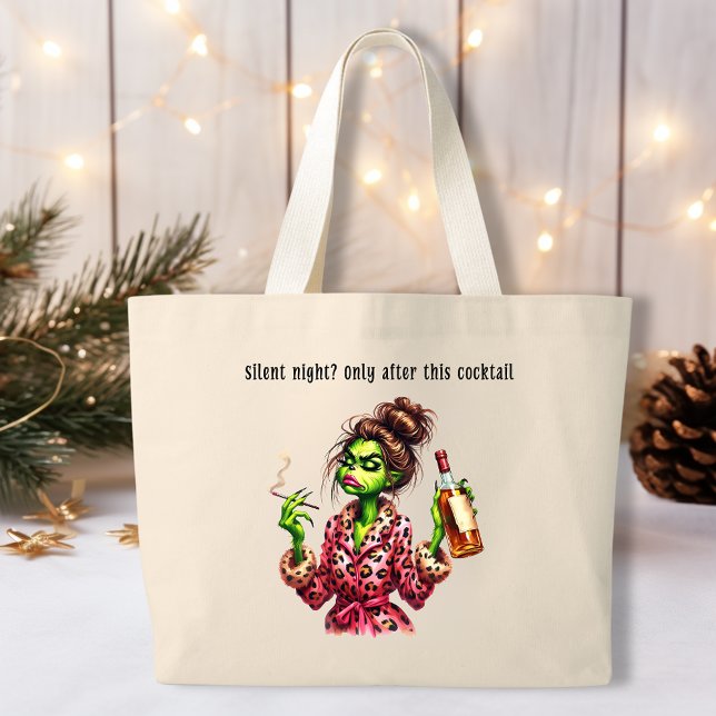 Funny Christmas Grumpy Green Furry Women  Large Tote Bag (Creator Uploaded)