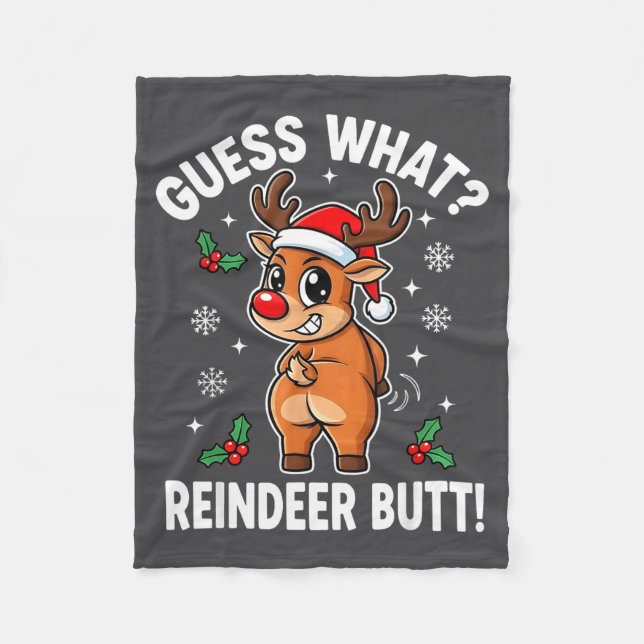 Funny Christmas Guess What Reindeer Butt Santa Hat Fleece Blanket (Front)