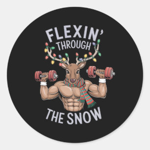 Funny Christmas Gym Workout Reindeer Flexin  Classic Round Sticker