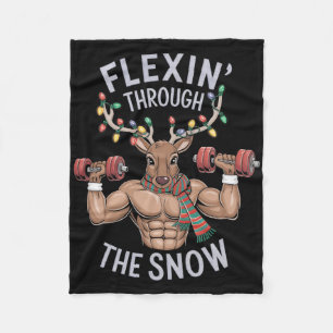 Funny Christmas Gym Workout Reindeer Flexin Fleece Blanket