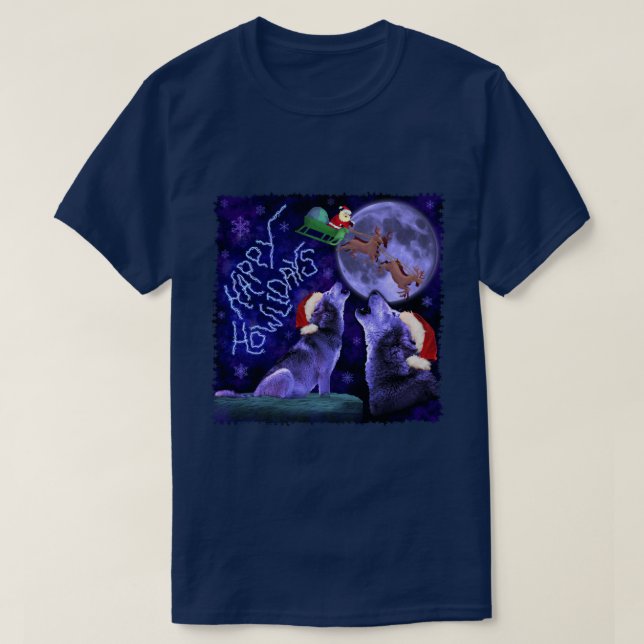 Funny Christmas Happy Howlidays Wolf Pun T-Shirt (Design Front)