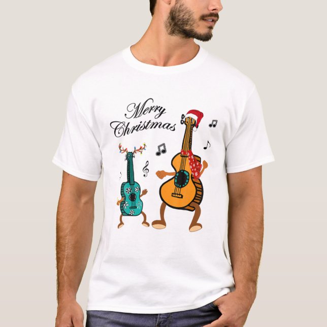 Funny Christmas Hat Santa Ukulele Gift T-Shirt (Front)