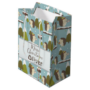Funny Christmas Hedgehogs Kids Name Medium Gift Bag