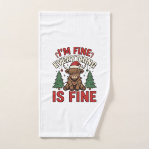 Funny Christmas Highland Cow I’m Fine Everything I Hand Towel