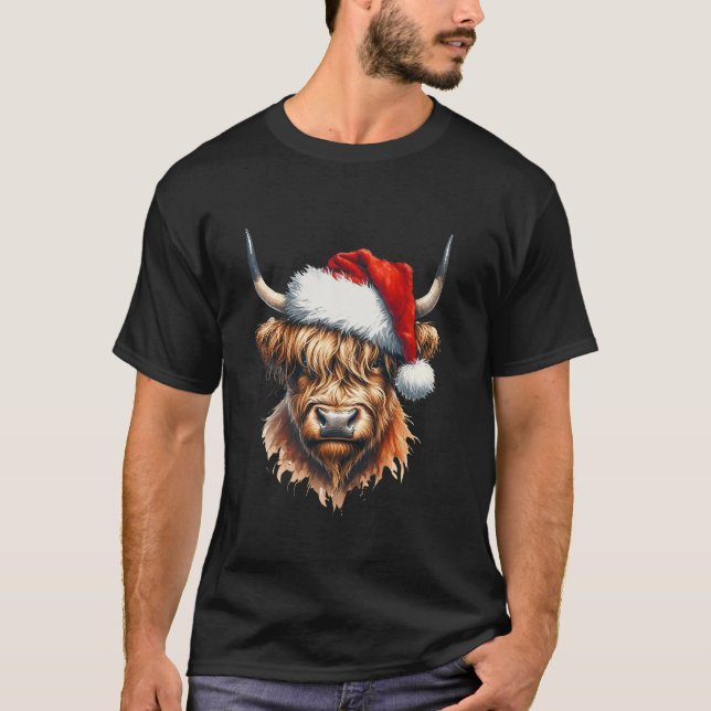 Funny Christmas Highland Cow Lovers Santa Hat Xmas T-Shirt (Front)