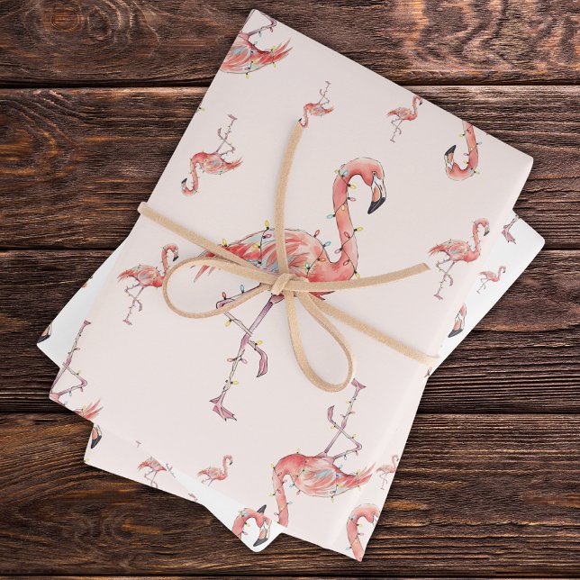 Funny Christmas Holiday Flamingo Lights White Pink Wrapping Paper Sheet (Creator Uploaded)