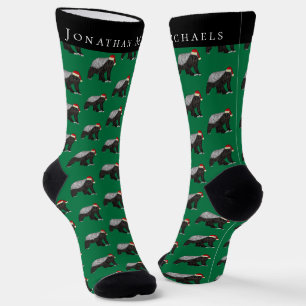 Funny Christmas Honey Badger Green Holiday Socks