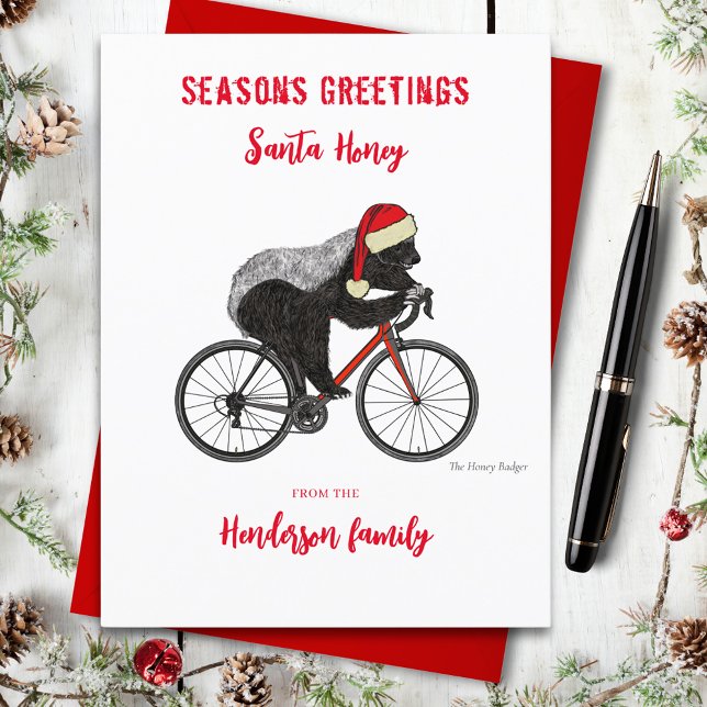 Funny Christmas Honey Badger on a Bicycle Custom Holiday Postcard (Funny Santa honey badger on a bicycle custom holiday greetings postcard)
