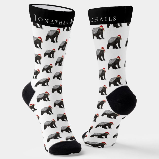 Funny Christmas Honey Badger Personalised Holiday Socks (Angled)
