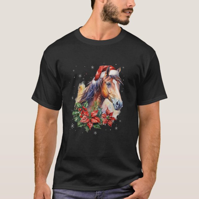 Funny Christmas Horse Santa Hat Animal Equestrian  T-Shirt (Front)