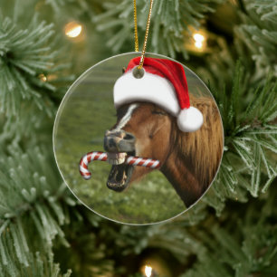 Funny Christmas horse with Santa hat smiling Ceramic Tree Decoration