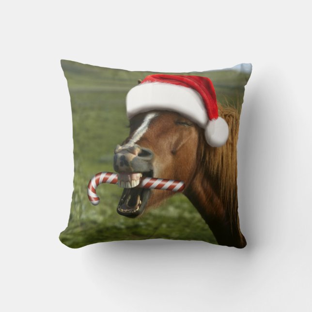 Funny Christmas horse with Santa hat smiling Cushion (Front)