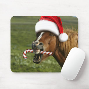Funny Christmas horse with Santa hat smiling Mouse Mat