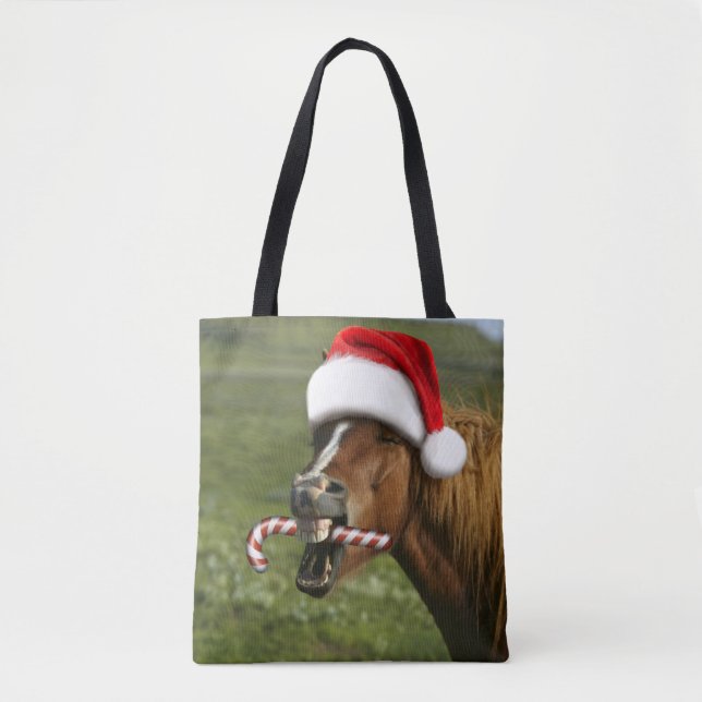 Funny Christmas horse with Santa hat smiling Tote Bag (Front)