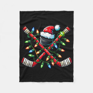 Funny Christmas Ice Hockey Sticks Santa Hat Lights Fleece Blanket