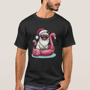 Funny Christmas in July Birman Cat Santa Flamingo T-Shirt